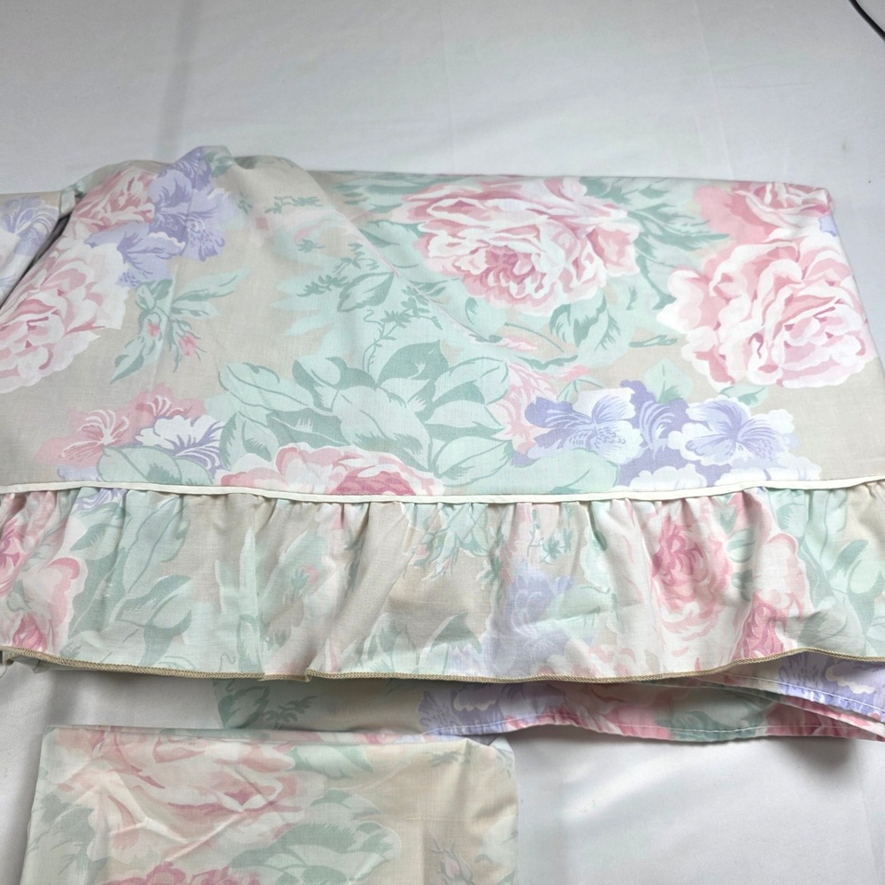 Vintage Cannon Queen Sheet Set Floral Ruffle Pastel Pink Purple Cottagecore 4pc